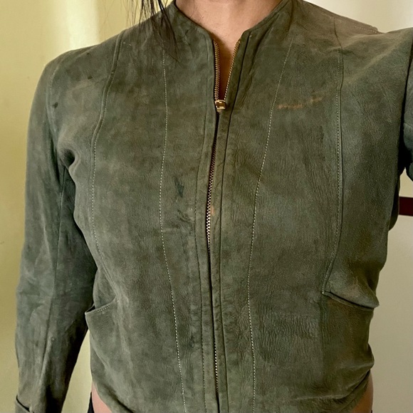 Antique Leather Jacket 1930s 40s Moto Biker Flapper Victorian Cossack XS Green - Picture 3 of 16